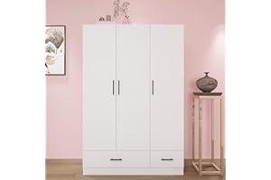 GraceGrove 3-Door Wooden Wardrobe Closet, Armoires and Wardrobes with 2 Drawers and Shelves Armoire Wardrobe Closet with Hanging Rod White 47.2''W x 18.9''D x 70.86''H