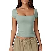 QINSEN Women's Square Neck Short Sleeve Double-Layer Tops Basic Slim Fit Going Out T Shirt