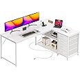 PRAISUN 53" L Shaped Desk with Power Outlets and USB-C Port, Reversible Computer Corner Office Desk with 4 Fabric Drawers and 2 Height-Adjustable Shelves, Large for Gaming Writing Work Study, White