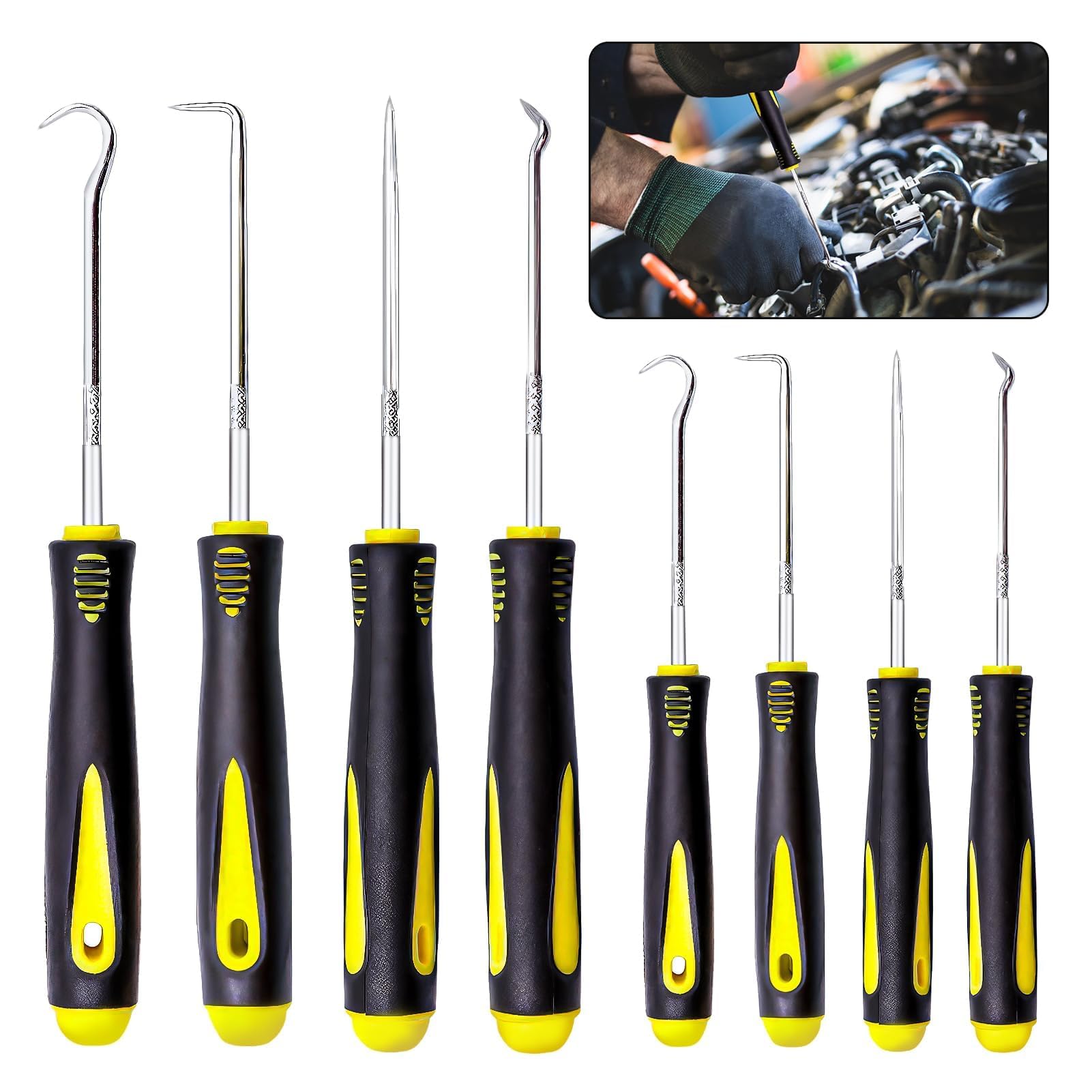 8Pcs Pick and Hook Set, Long Short Reach Precision Pick Hook Tool Mini Hose Removal Hook Set Professional Puller Remover Mechanic Pick Tool Kit for Car Auto Oil Seal O-Ring Seal Gasket