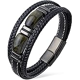VANFORWYN Tiger Eye Bracelet Men Multilayer Black Braided Genuine Leather Bracelet Natural Spiritual Stone Protection Bracelet Courage Jewelry Stress Relief Gift for Men