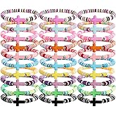 Lesmore 30 Pcs Cross Clay Bracelets for Women Men, 10 Colors Jesus Cross Bracelets Bulks, Elastic Stackable Clay Bracelets,Christmas Birthdays party Jewelry Gift for Family Friends