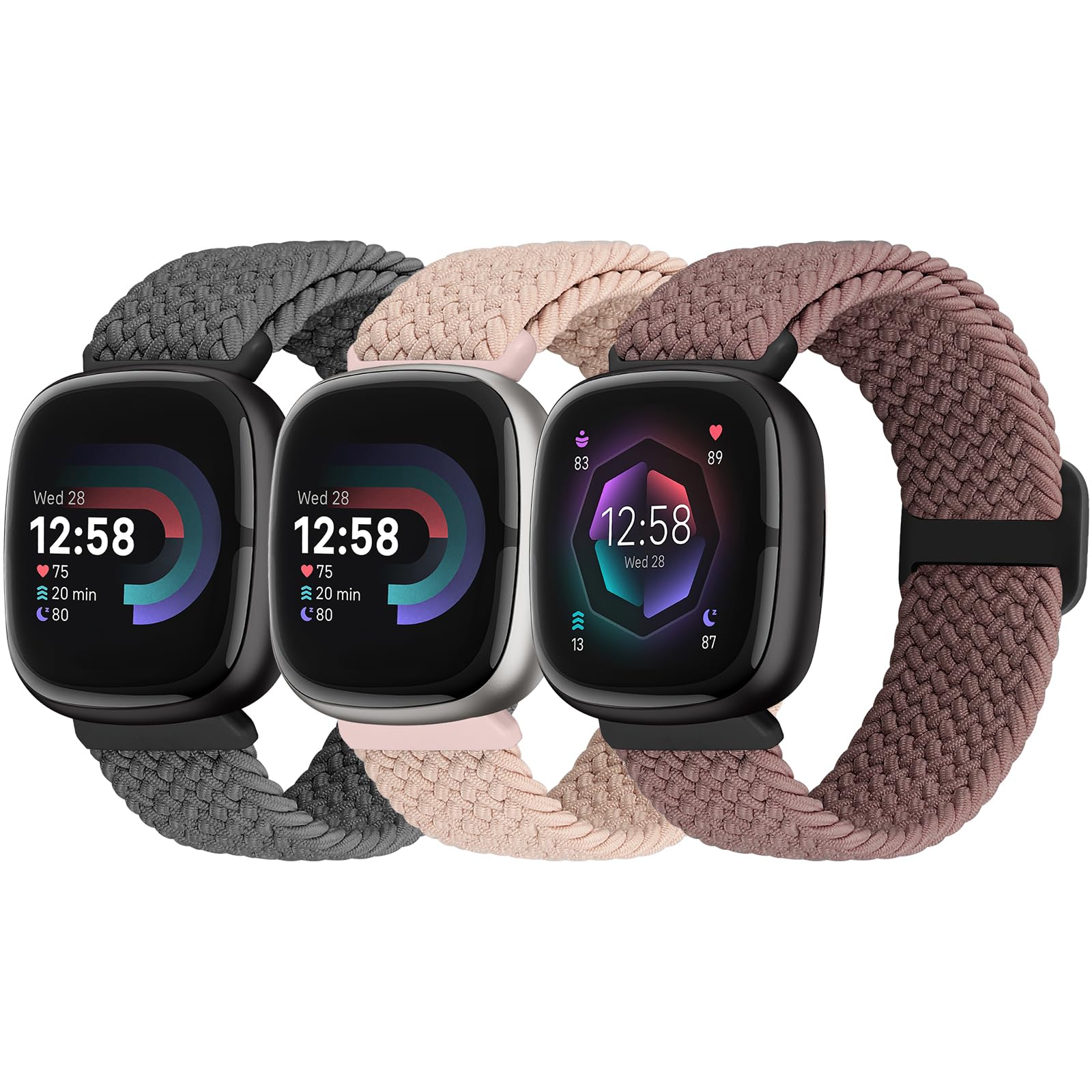 Yunshare Elastic Braided Solo Loop Band Compatible with Fitbit Versa 4/Fitbit Sense 2/Fitbit Versa 3/Fitbit Sense, Stretchy Straps Nylon Sport Wristband for Women Men, 3 Packs — image 1