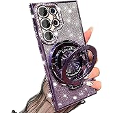AuroiCCY Magnetic Ring Stand Glitter Case for Samsung Galaxy S25 Ultra, (Compatible with Magsafe) Women Girly Luxury Bling Diamond Rhinestones Cover with Camera Lens Protector for S25 Ultra (Purple)