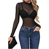 OYOANGLE Women's Long Sleeve Sheer Top Slim Fitted Crew Neck See Through T Shirts Clubwear