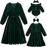AWIBMK Mommy and Me Christmas Dresses Long Sleeve Velvet Dress Fall Winter Xmas Holiday Mom Daughter Matching Outfits