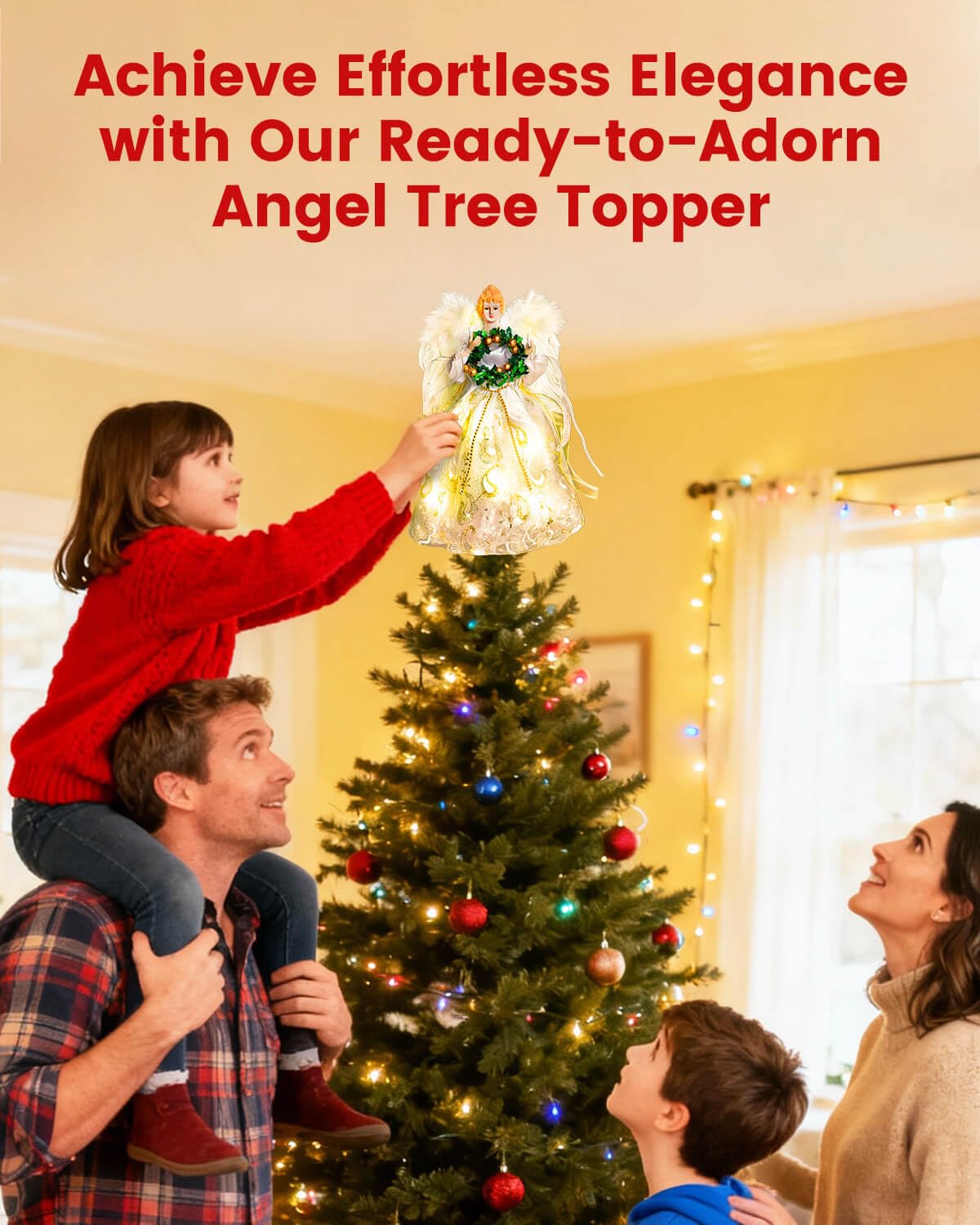 Angel Tree Topper with Lights | 12 Inch Christmas Angel Tree Topper with Feather Wings | Battery Powered Christmas Tree Toppers Lighted for Vintage Decor | Xmas Tree Topper Ornament, White