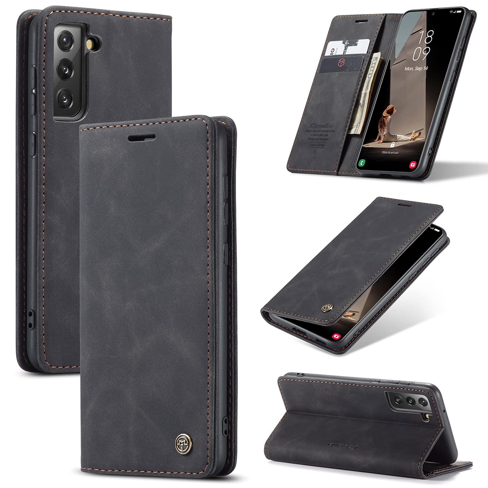 CaseMe UEEBAI Wallet Case for Samsung Galaxy S21 FE, M Premium PU Leather Case Vintage Matte Wallet Flip Cover [Card Slots] [Magnetic Closure] Stand Function Shockproof Full Protection - Black