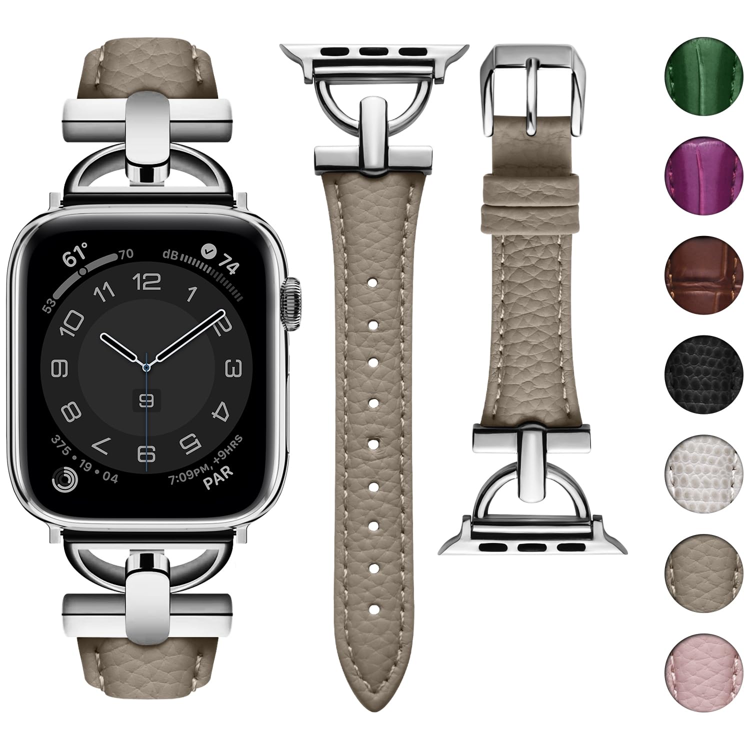 wutwuk Compatible Leather Apple Watch Straps Women 42mm(S11/10) 41mm 40mm 38mm, D-Shape Metal Buckle Leather Wristband for Apple Watch SE3/2/1 Series 11/10/9/8/7/6/5/4/3/2/1 Kaki+Silver
