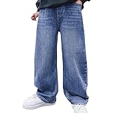 Gihuo Boys Baggy Jeans Pants Straight Leg Elastic Waist Denim Pants with Pockets 8-11Y
