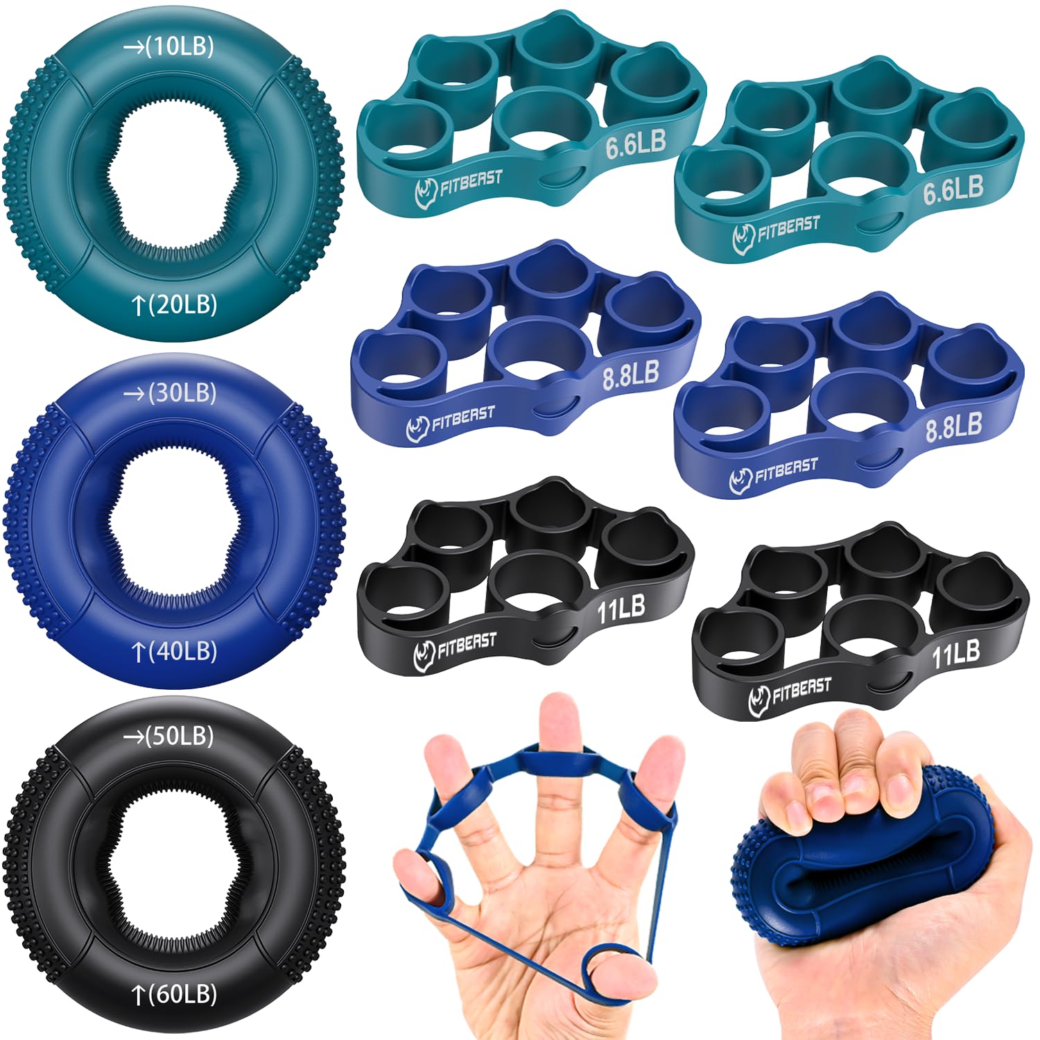 FitBeast Griffkrafttrainer, Fingertrainer, Unterarmstärker 9-teiliges Set, Gezielte Kraft Handmuskeltrainer, Entlastungs & Erholung, Tiefblau