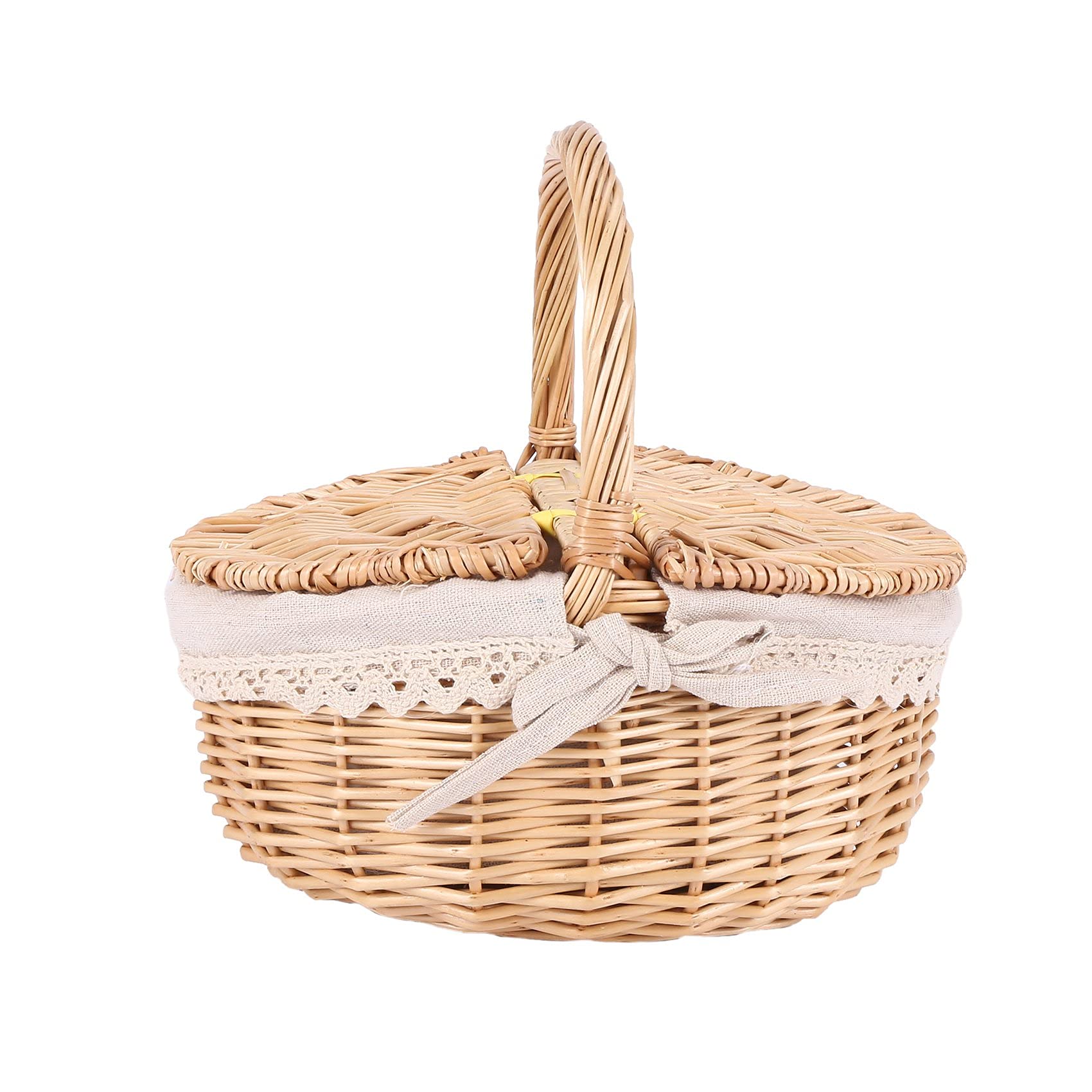 BGFAVCV Handmade Wicker Basket with Handle Wicker Camping Picnic Basket with Double Lids Storage Hamper Basket with Cloth Lining