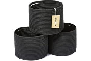 MiniArk Small Basket for Organizing | Cube Shelf Closet Storage Baskets | 9.7×9.7×7.1” | Woven Rope Gift Basket | Nursery | Round 3 Packs Black