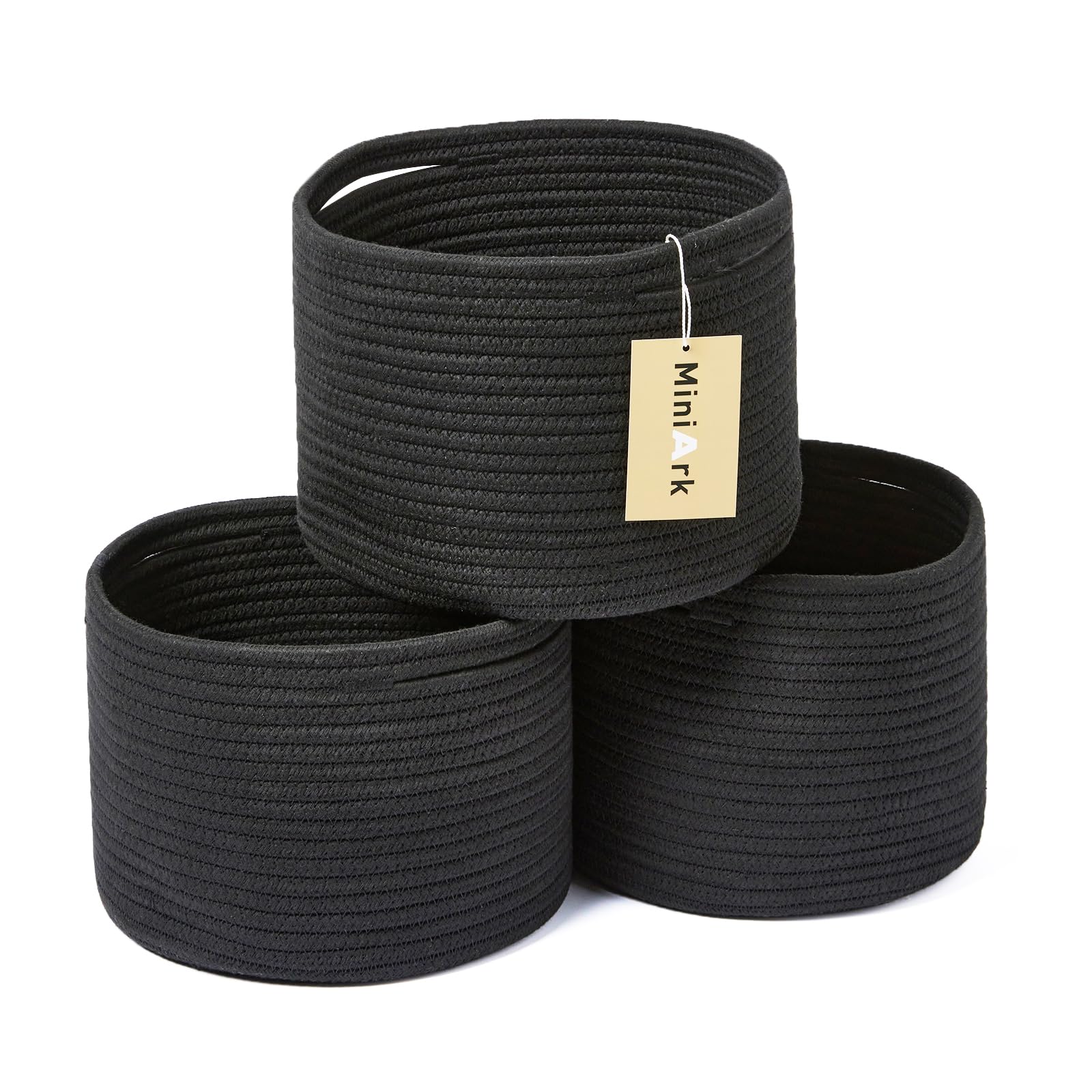 Photo 1 of MiniArk Small Basket for Organizing | Cube Shelf Closet Storage Baskets | 9.7×9.7×7.1” | Woven Rope Gift Basket | Nursery | Round 3 Packs Black