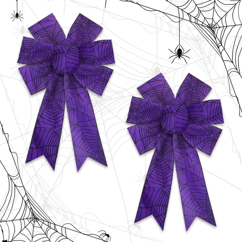 Bows & Ribbons - Heureppy 2pcs Halloween Wreath Bows Decor Bow Purple Spider Web Burlap for Wreaths, Large Ribbon Tree Topper Home Indoor Outdoor Decoration Ornament