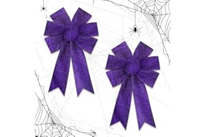 HEUREPPY 2PCS Halloween Wreath Bows Halloween Decor Bows Purple Spider Web Strips Burlap Linen Bows for Wreath, Halloween Fabric Ribbon Bows for Home Party Indoor Outdoor Decoration Wreath Ornament Supplies