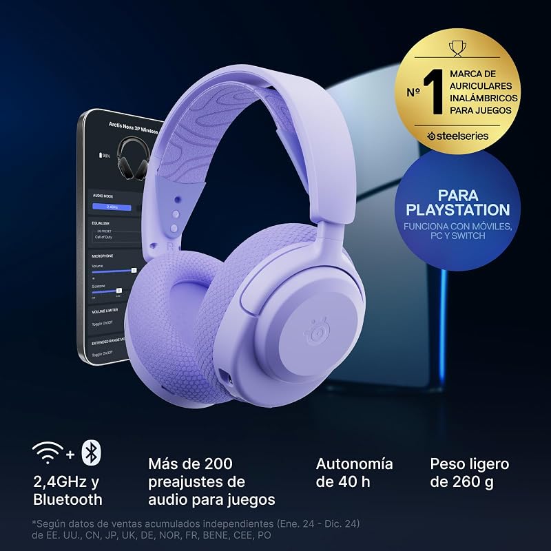 Arctis Nova 3P Auscultadores de Gaming Multiplataforma Sem Fios - App - Bateria 40h - Comandos magnéticos de neodímio - 2,4 GHz/Bluetooth - Micro removível - PS5, PS4, PC, Switch - Lavanda