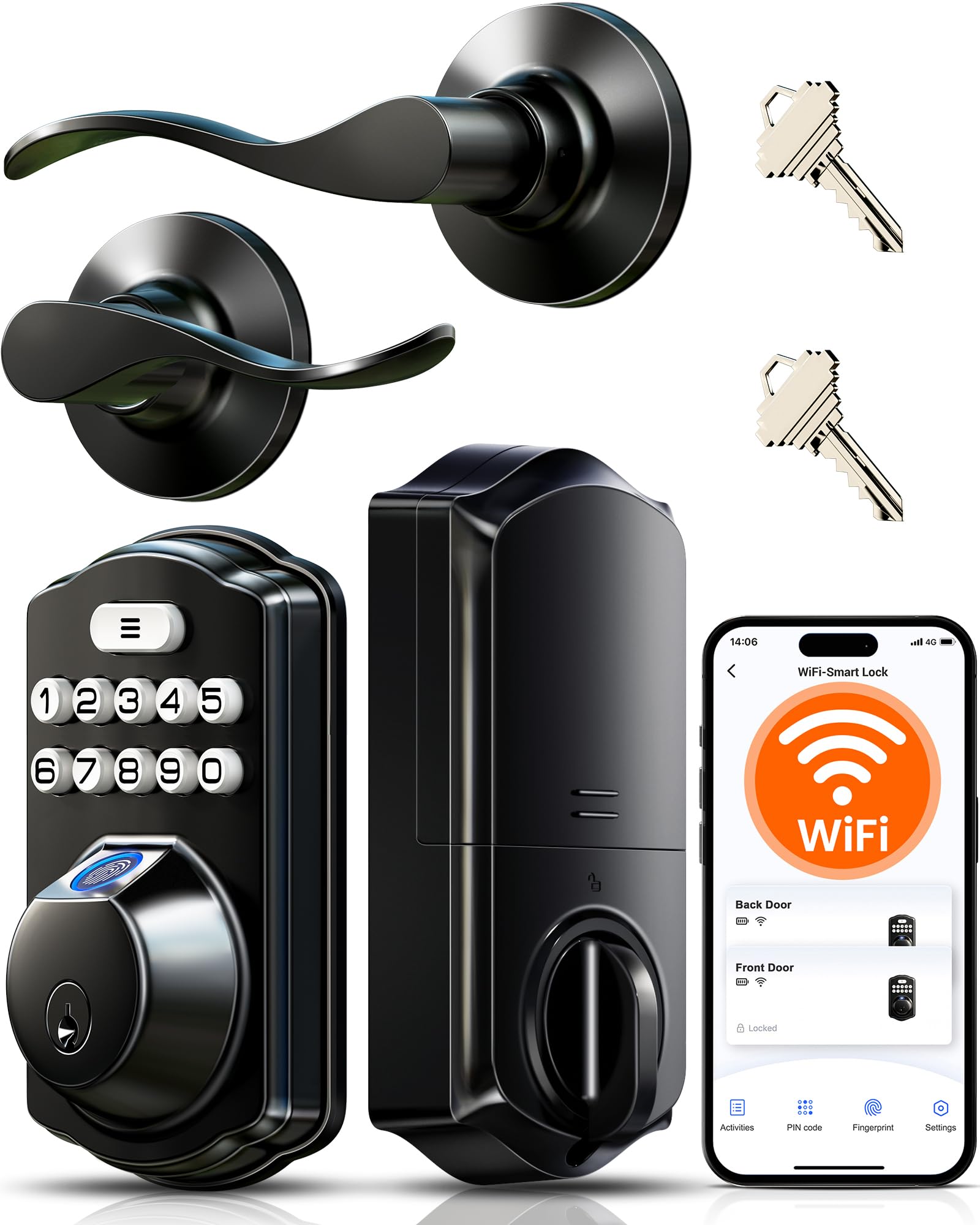 Photo 1 of Veise VE012W-B Wi-Fi Fingerprint Smart Lock with Handle Set, Remote App Control, Keyless Entry Front Door Lever, Built-in WiFi No Hub Needed, Backlit Keypad Deadbolt, Auto-Locking, Matte Black