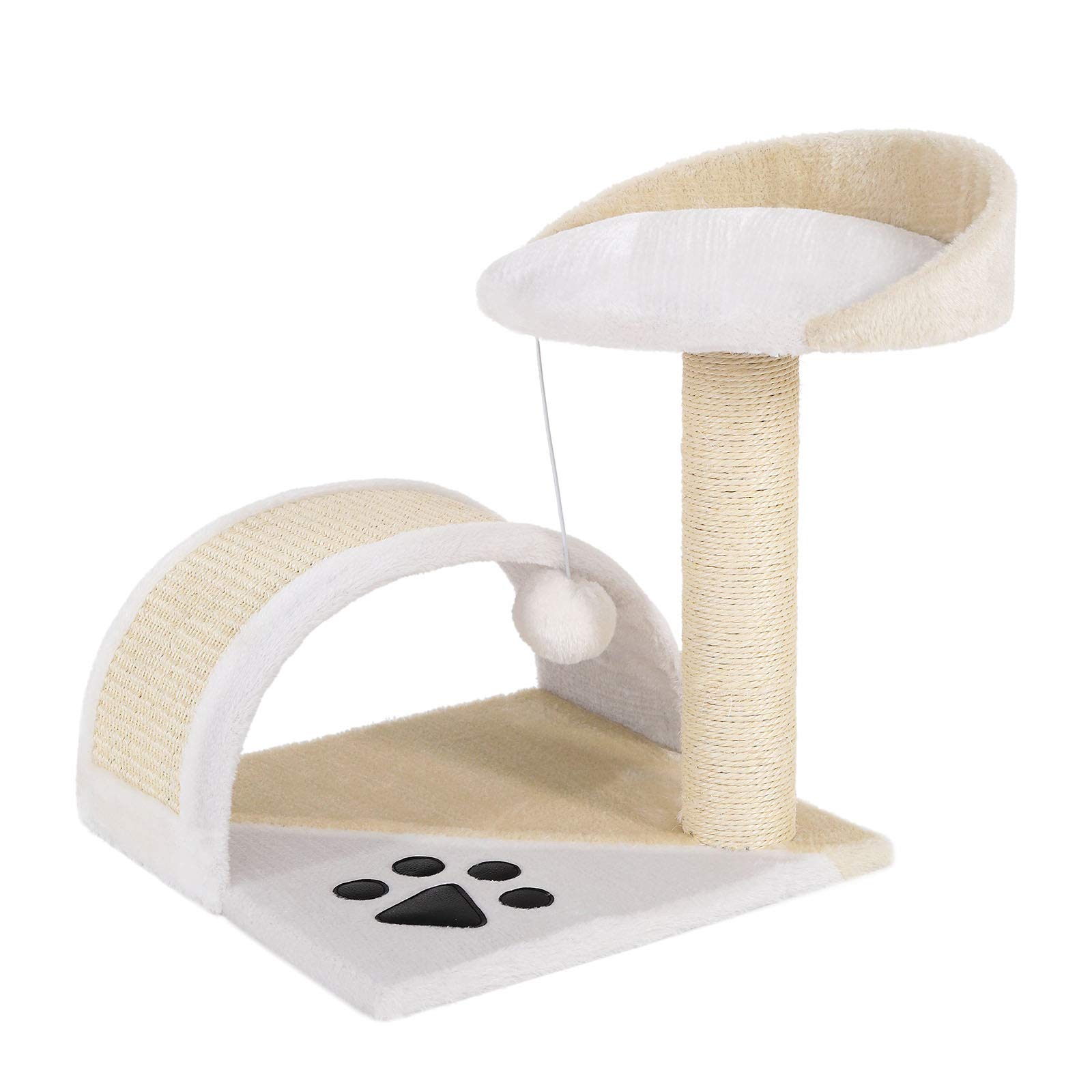 lionto Small scratching post with plush ball & scratching arch, height 43 cm, cozy lying surface out of soft plush, stable with sisal rope for claw care, suitable for small & large cats,beige/white