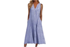 Huilaibazo Women Summer Dress with Pocket Sleeveless Midi Dress Casual V Neck Button Sundress Striped Print Mid Calf Dresses