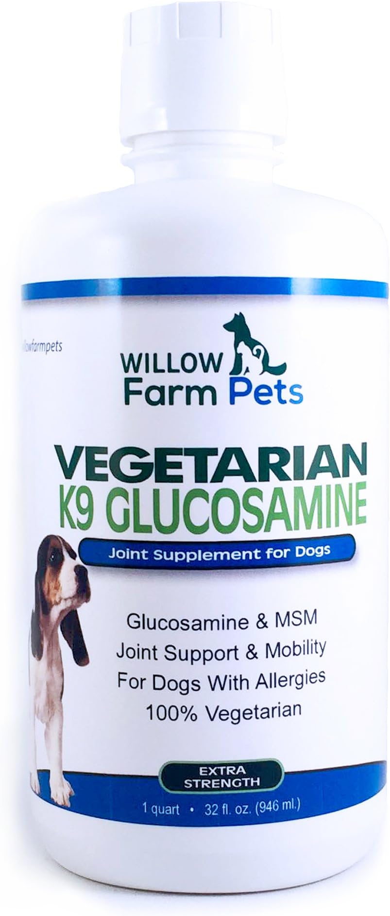 32 Ounce Vegetarian Liquid Glucosamine for Dogs Hip and Joint Mobility 1600 Miligram MSM Hyaluronic Acid No Shellfish Beef Suitable all Sizes Age Dogs with Allergy K9 Allergies Natural Supplement