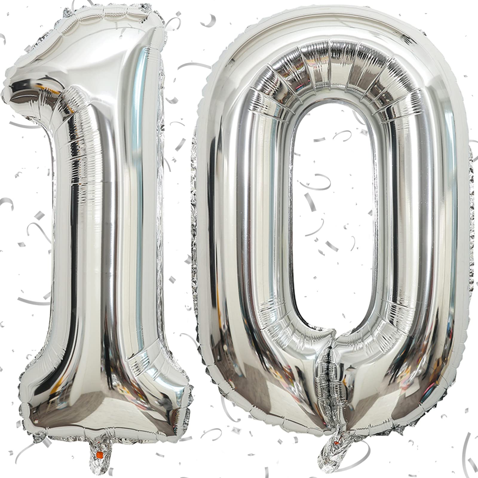 Silver 10 Balloons, 40 Inch Birthday Foil Balloon Party Decorations Supplies Helium Mylar Digital Balloons, 10th Birthday Decorations for Boys or Girls (Silver Number 10)