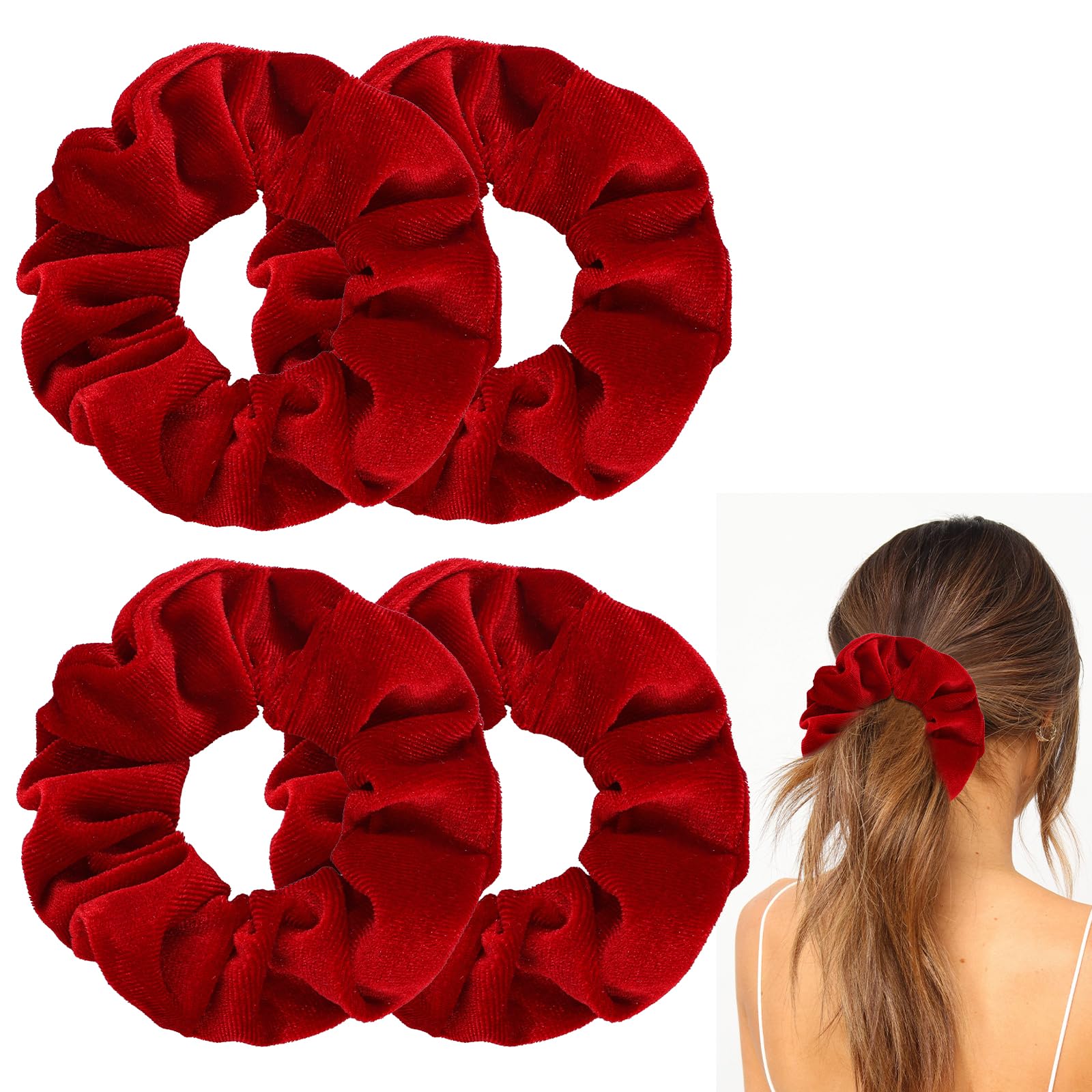 4 Pcs Velvet Hair Scrunchies Large Elastic Hair Band Thick Soft Scrunchy Ropes Curly Ponytail Holder Ties Gift for Wristband Girls Women Hair Accessories Valentine's Day(Red)