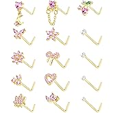 BSJ4U Nose Rings L Shaped for Women Nose Piercings 20G Surgical Stainless Steel Gold Plated Nose Studs Pink Red CZ Heart Butterfly Flower Cherry Bow Moon Dangle Nose Piercing Jewelry