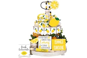 FairySandy 14 Pcs Lemon Tiered Tray Decor Summer Decorations Set Lemon Kitchen Decor Accessories with Rolling Pins Mini Wooden Signs for Farmhouse Home Summer Party