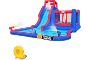 Sunny & Fun 2-in-1 Bounce & Blast Inflatable Water Slide Park – Heavy-Duty for Outdoor Fun - Climbing Wall, Slide, Bouncer & Splash Pool – Easy to Set Up, Included Air Pump & Carrying Case