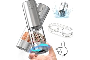 CIRCLE JOY Stainless Steel Electric Salt and Pepper Grinder Set with 6 Levels External Coarseness Adjustment, Rechargeable Pe