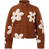 CUFEZN Women's Floral Sherpa Fleece Jacket, Oversized Cropped Coat Vintage Winter Warm Zip Up Outwear with Pockets