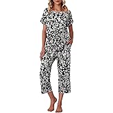 Ekouaer Women's Capri Pajama Sets Print Short Sleeve Sleepwear Top and Capri Pants Soft Loungewear with Pocket