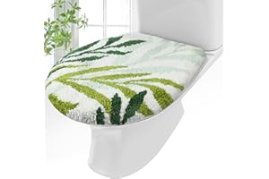 Mindsoft Green Leaves Toilet Seat Covers Bathroom Toilet Lid Cover Soft Microfiber 17.5'' x 15'' Plush Tufted, Machine Washable, Adjustable Rubber Backing Fits Most Round Elongated Oblong Lids