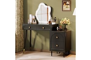 Chrangmay Black Stylish Corner Makeup Vanity Table，Vanity Desk with Lighted Mirror and 4 Spacious Drawers，Bedroom Essential Dressing Table with Nightstand，Modern Minimalist Writing Desk for Girls