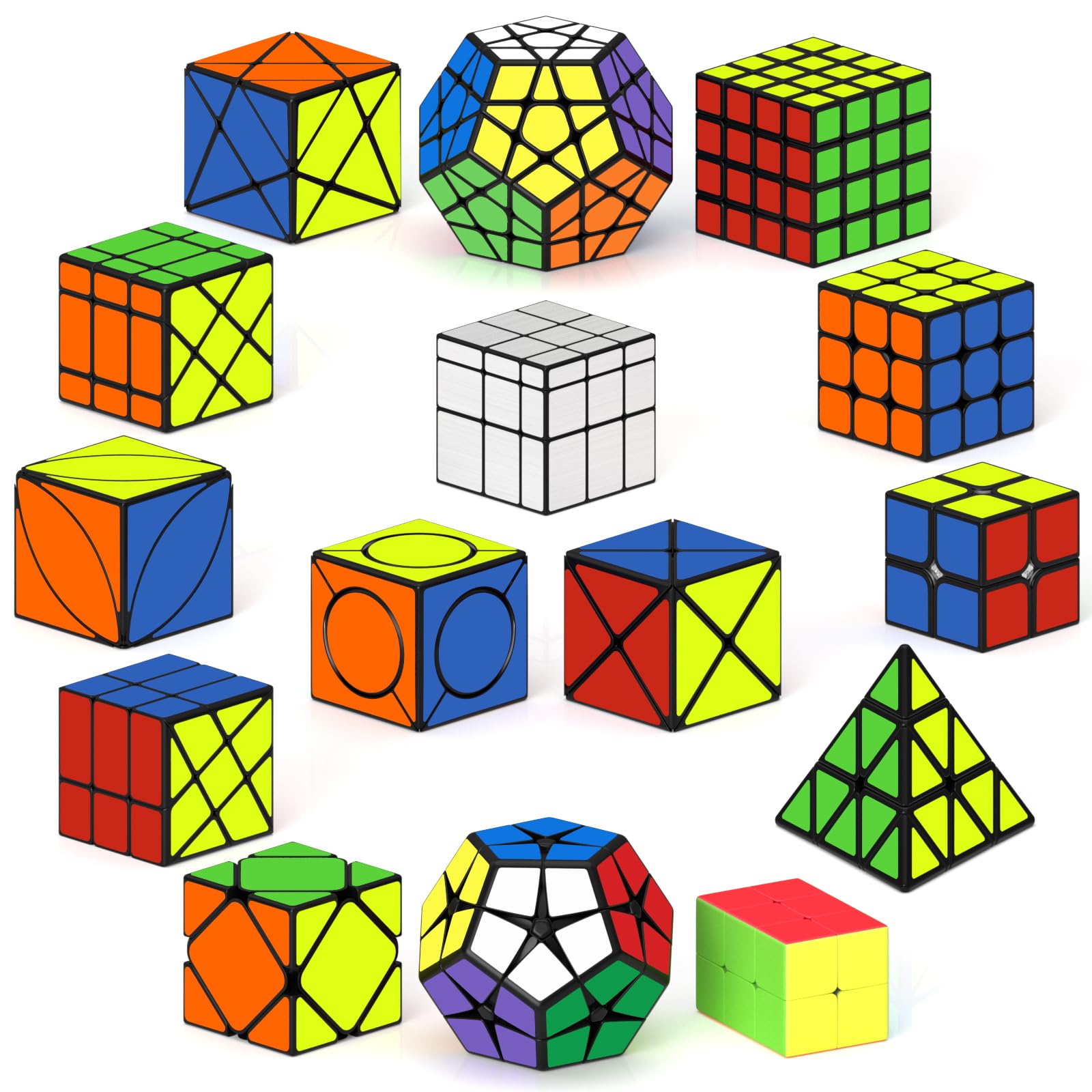 ROXENDA Speed Cube Set 15 Packs Magic Cubes 2x2 3x3 4x4 Pyraminx Pyramide Cube Sticker Stickerless Toys for Kids Boys Girls