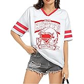 Oversized Football Jersey Tshirt Women Game Day Graphic V-Neck Jersey Tees Football Team Fans Mesh Tshirt