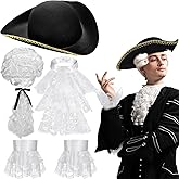 Zhanmai Founding Fathers Costume Colonial Style Tricorn Hat White Wig Lace Ruffled Tie and White Lace Cuffs Historical Colonial Outfit for Dress up Party