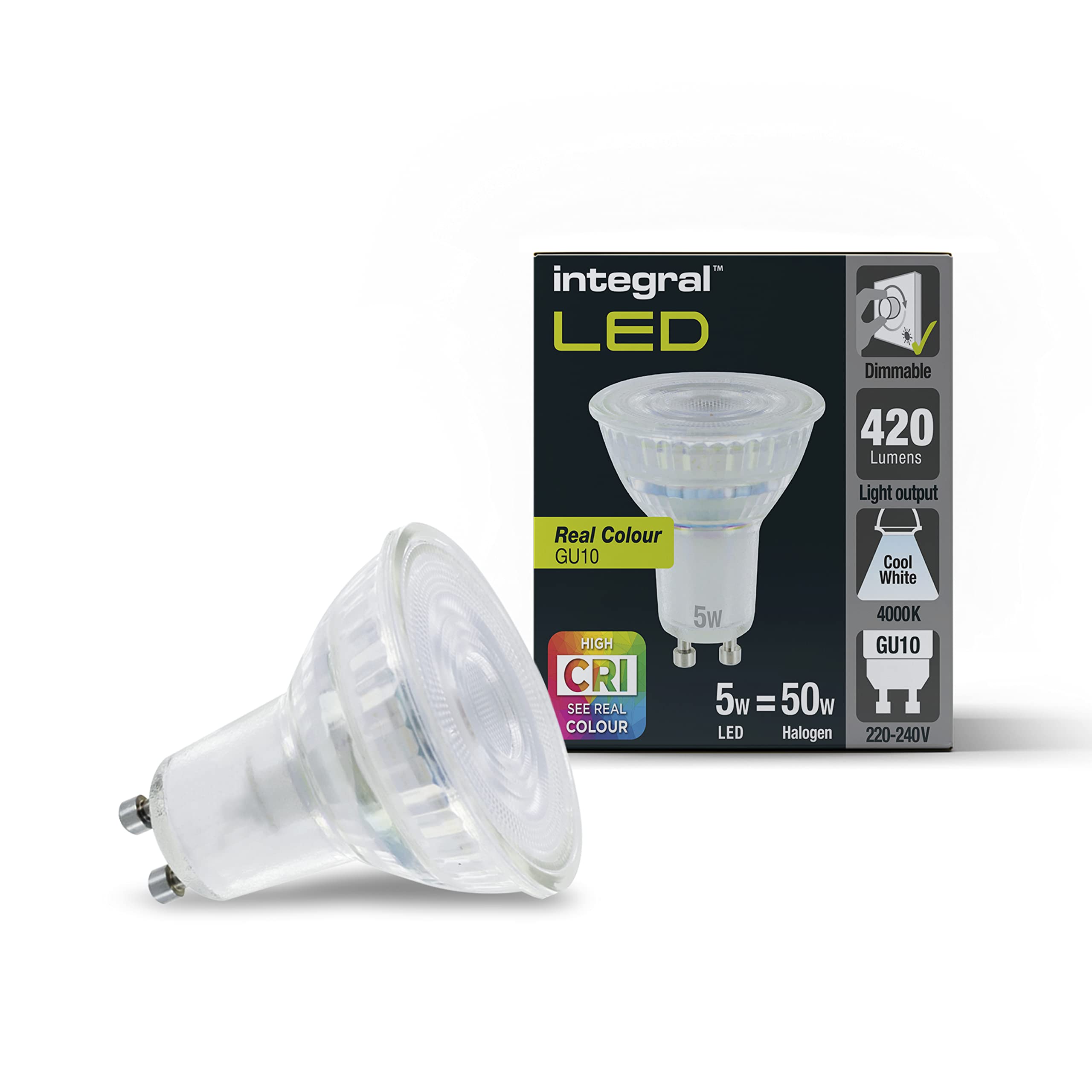Integral LED 5 Packs Real Colour Premium GU10 dimmable Cool White Bulb – Reveal The Real Colours in Your Home (CRI95) with The Closest GU10 to Natural Sunlight, AMILGU10DE113-5