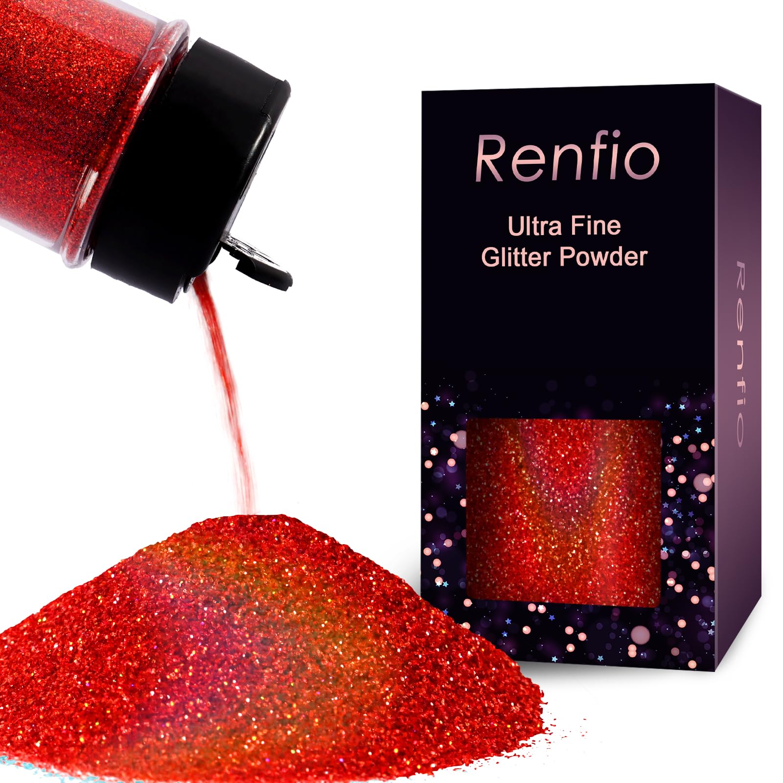 Renfio Holographic Ultra Fine Glitter Powder Metallic Resin Glitter 1.75 Oz (50g) PET Flakes Crafts Sequins 1/128" 0.008" 0.2mm Epoxy Chips Flakes for Tumblers Slime - Laser Rose Red