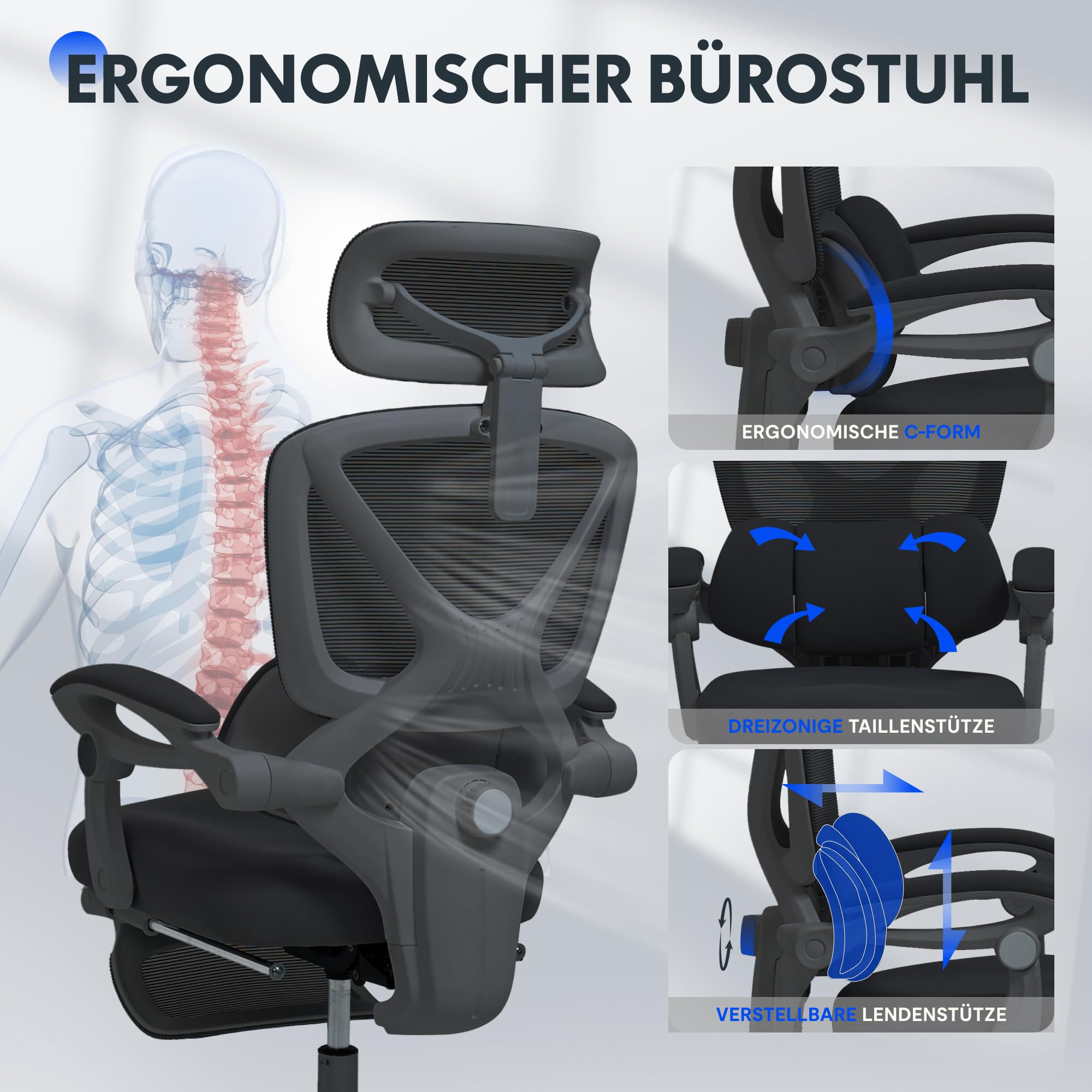 FLEXISPOT Ergonomischer Bürostuhl mit Fußstütze, X-förmiger Schreibtischstuhl mit 135°-Neigung, Gekoppelte Armlehnen mit zonenweise Einstellbarer Lendenstütze, Drehstuhl, 3D-Kopfstütze, Schwarz 8