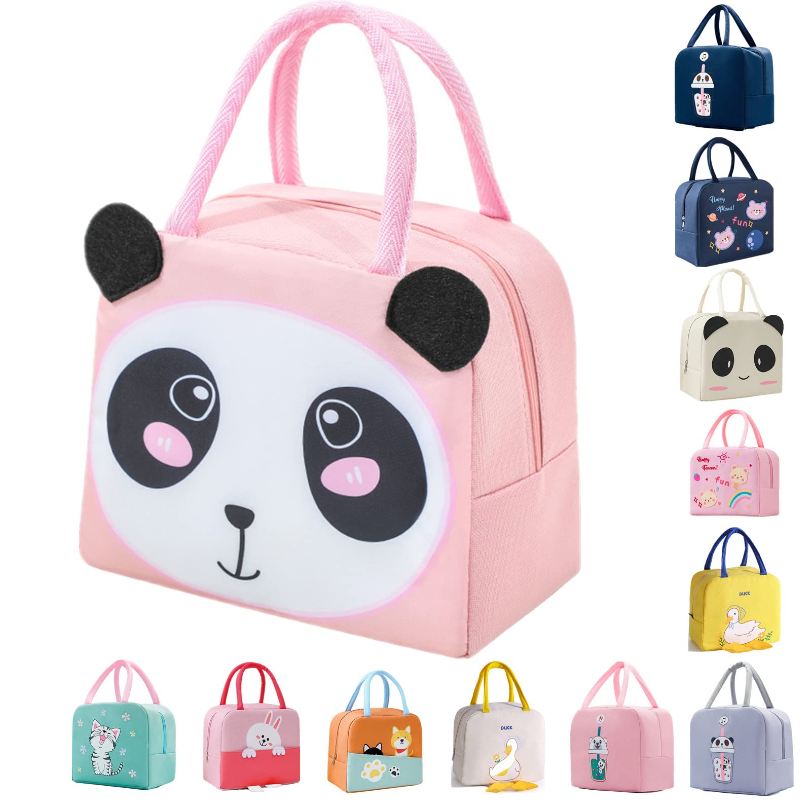WUWYOUWL Lunch Bag,Cute Carton Insulated Lunch Box,Reusable Lunch Cooler Bags,Waterproof Lunchbag, Foldable Lunch Bag for Women, Men, Kids and Students Travel Picnic School (Panda Pink)