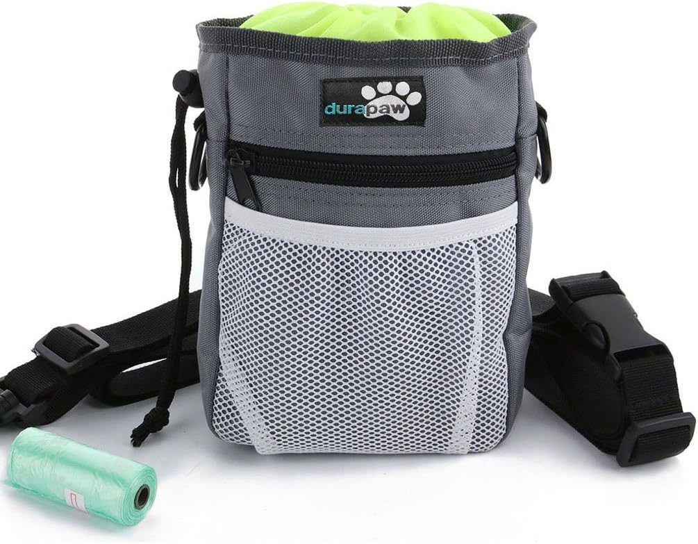 Dog Treat Bag & Training Pouch by DuraPaw™ Builtin Poop Bag Dispenser Flex Metal Clip, Belt