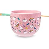 Silver Buffalo Sanrio Hello Kitty Bows Stars Rainbow Pattern Ceramic Ramen Noodle Rice Bowl with Chopsticks, Microwave Safe, 20 Ounces