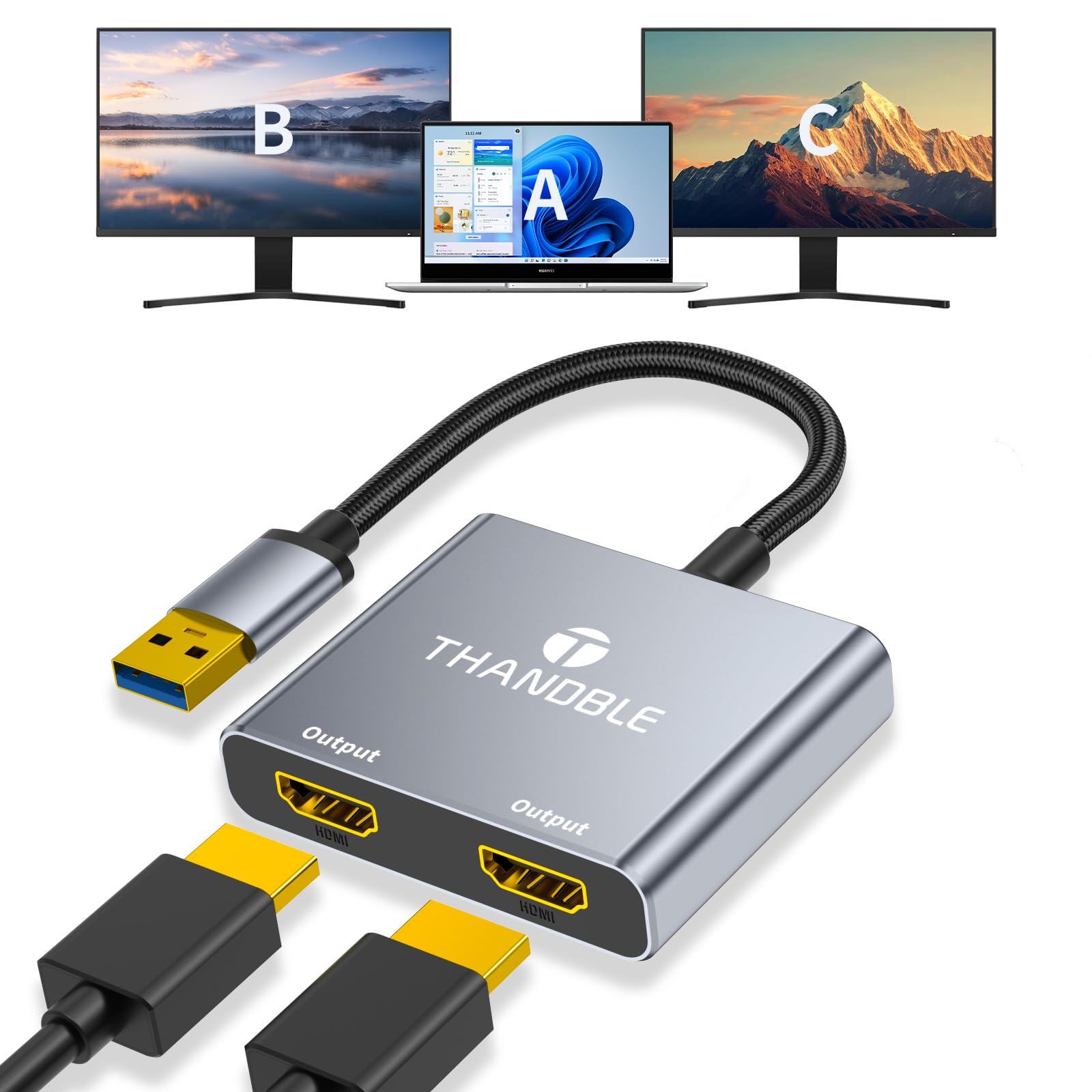 Photo 1 of THANDBLE USB to Dual HDMI Adapter 1080P 60Hz, USB A 3.0 to HDMI Adapter for Laptop, PC, Desktop, Compatible with Mac OS, Windows 7/8/10/11 - Requires Driver Installation