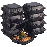 8X8" 3-Compartment 50-Pack Plastic Clamshell Takeout Food Trays Heavy Duty Togo Disposable Box For Pasta Salad Sandwich Carryout Meal Prep Packaging Catering Hinged Containers With Secure Snap Lid