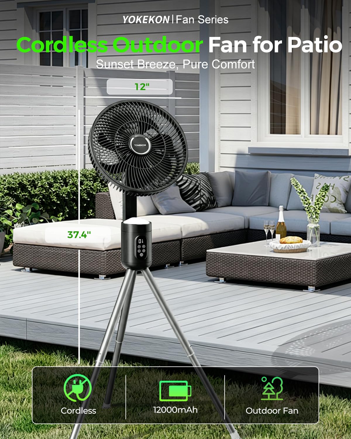 Condition photo showing New/Like New for outdoor fans for patios,cordless outdoor fan with light and remote,pedestal to tabletop & hanging,ba