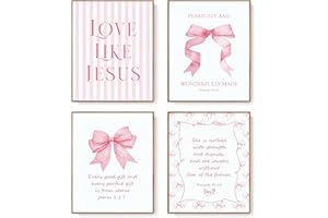 LARTSFRO Coquette Pink Bow Jesus Wall Art Decor Posters, Light Pink Bow Christian Room Bedroom Bathroom Dorm Wall Art Decor Aesthetic for College Teen Girls Gifts, Inspirational Bible Verses Bow Wall Decor, 10x8 Inch Set of 4 Bow Pictures (UNFRAMED)