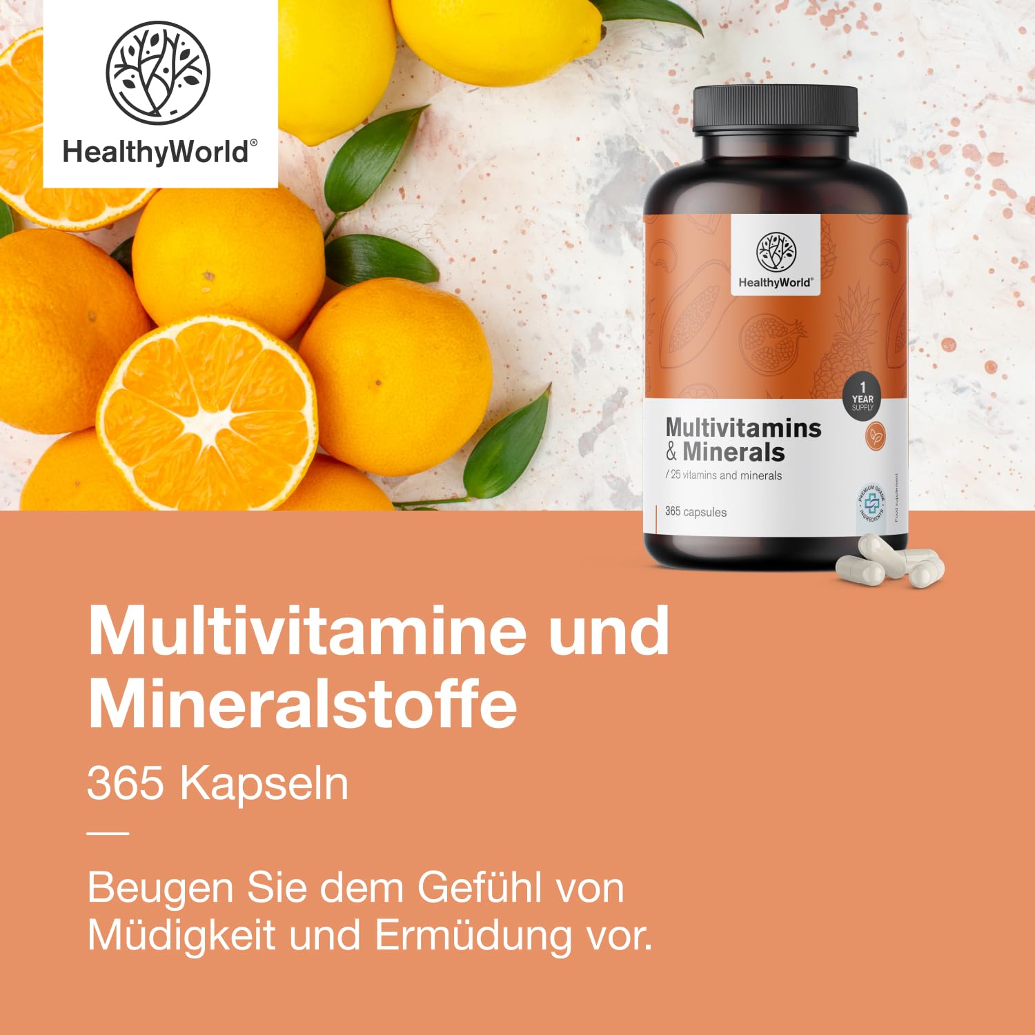 HealthyWorld Multivitamine & Mineralstoffe - 25 Vitamine & Mineralstoffe - 365 Kapseln - Jahresvorrat - Pflanzenkapseln - Immunsystem - mehr Energie- wertvolle Vitamine A-Z - Für Männer & Frauen 6