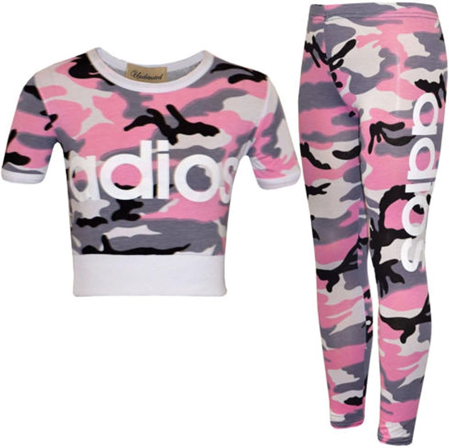 Girls Kids Adios Camouflage Print Army Crop Top & Bottoms Leggings Tracksuit Suit Age 2-13 Years (11-12 Years, Pink)